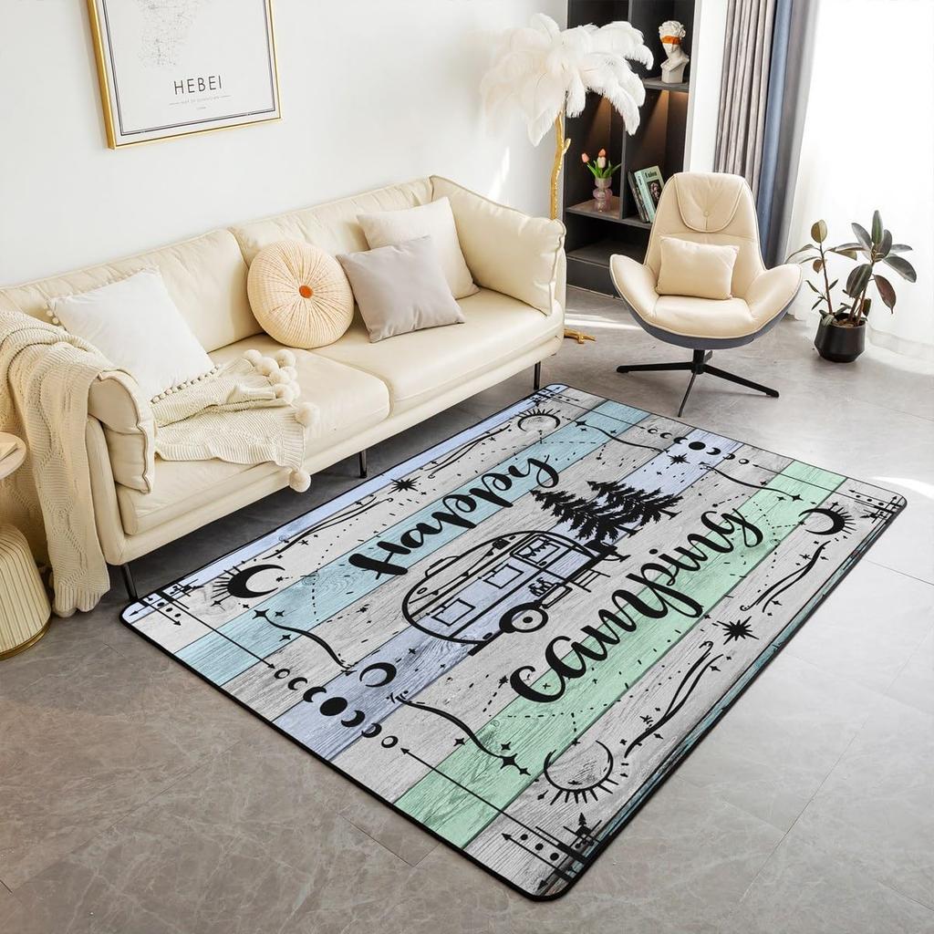 Camper Indoor Floor Mat,Happy Camping Carpet,Watercolour Vintage Wooden Area Rug,Farmhouse Rustic Decorative Accent Rug