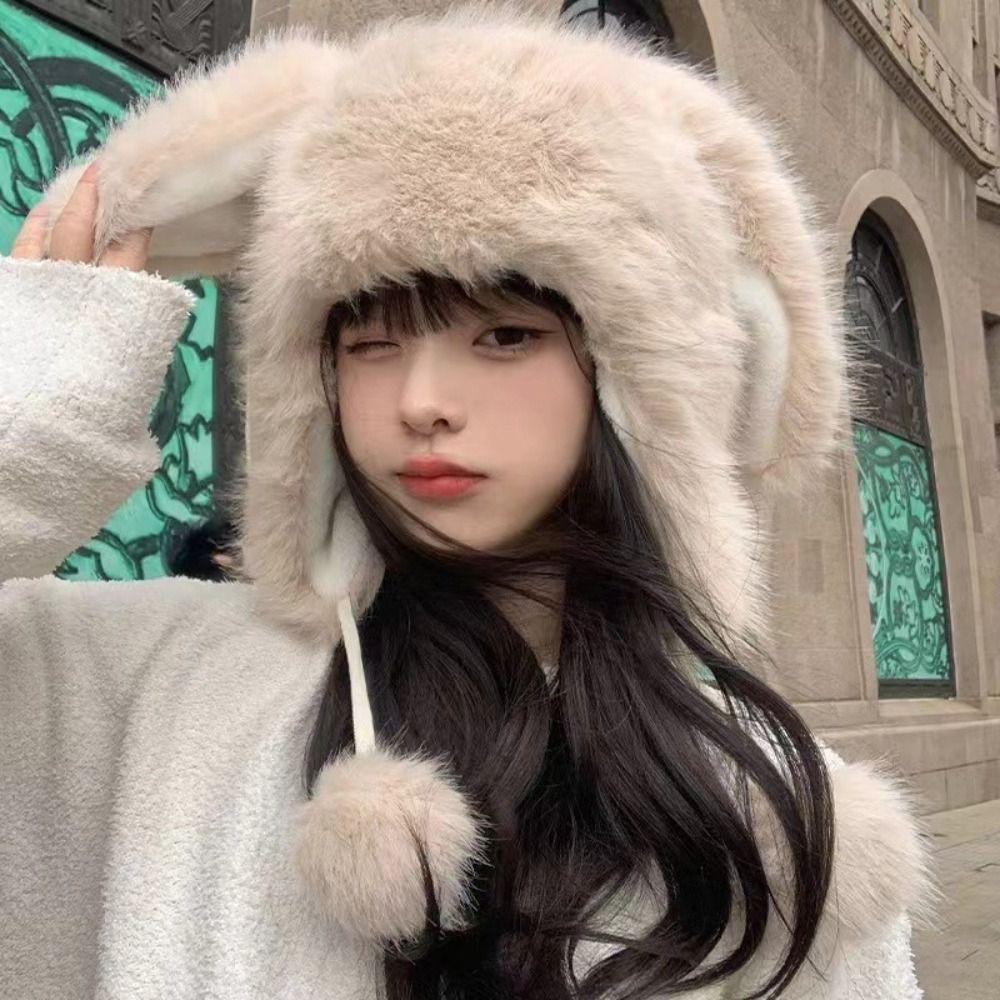 Korean Faux Fur Bucket Hat Fluffy Ear Protection Hat Winter Cute Rabbit Ear Hat Women