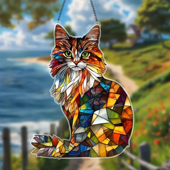 Cat Stained Art Ornament Acrylic Window Hanging Sun Catcher Colorful Cat Panel Wall Hanging Art Decor for Cat Lovers