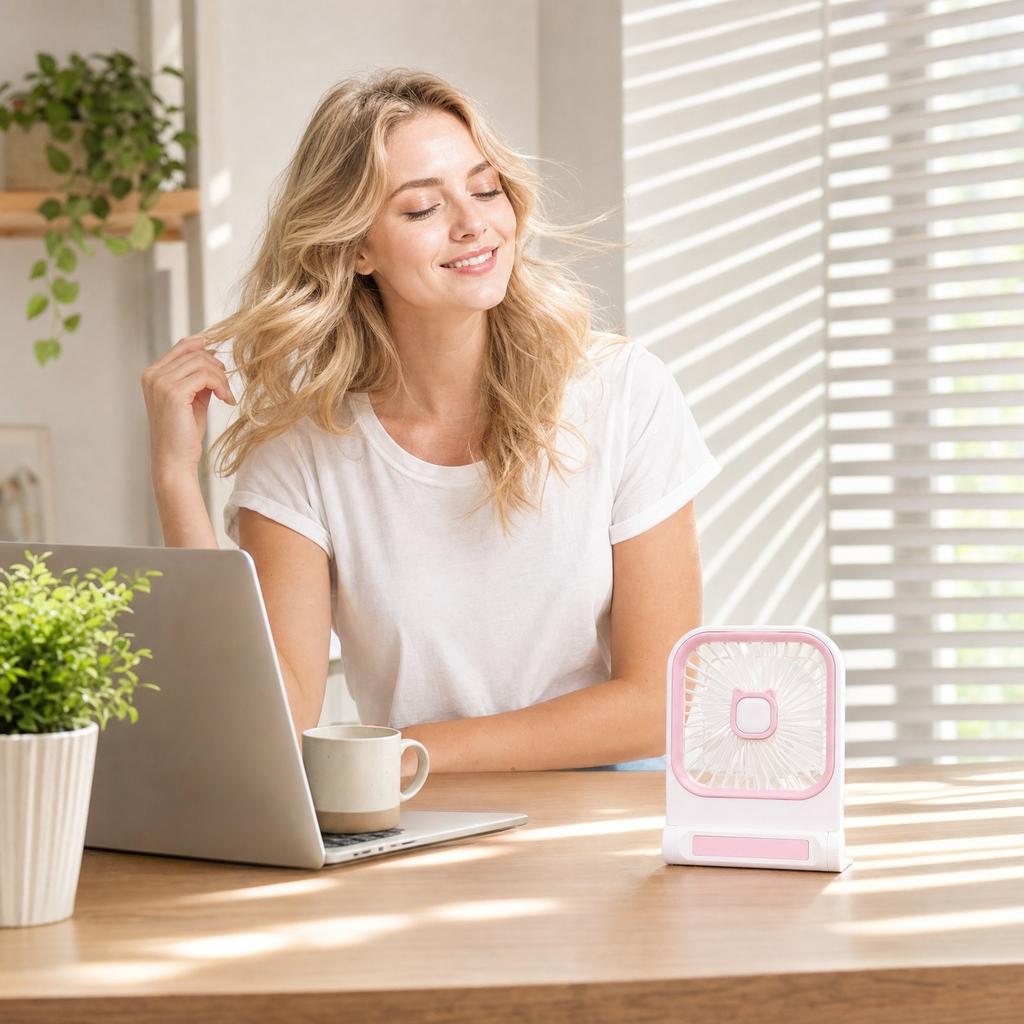 Square Desktop USB Rechargeable Fan with Cat Ear Design Three Speed Adjustable Table Fan Wall Mountable Portable for Home Office Outdoor Camping