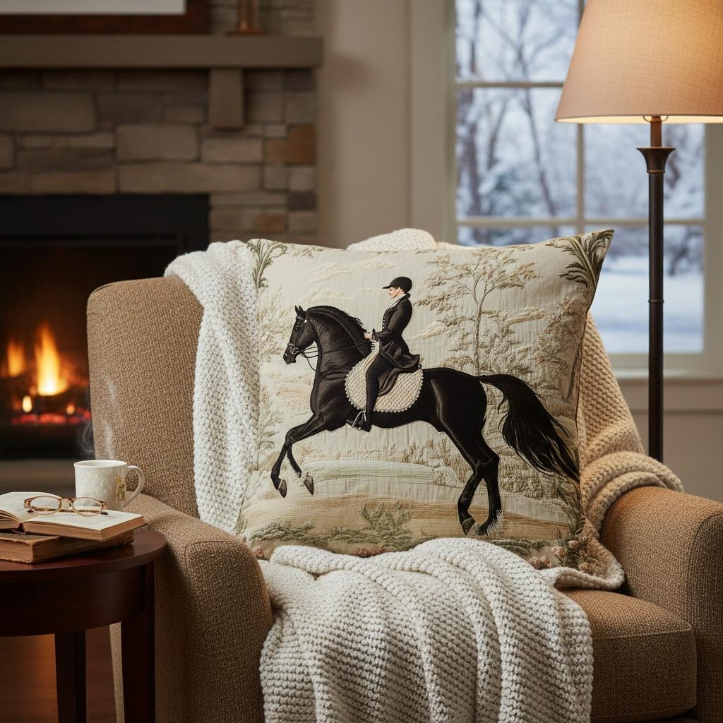 Equestrian Horse Rider Pillow Cover Vintage Tapestry Print Cushion Case For Sofa Bed Couch Elegant English Country Home Decor