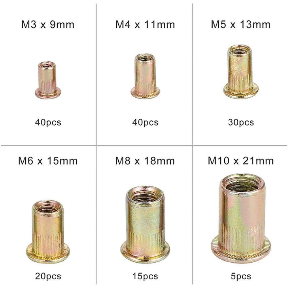 150pcs Rivet Rivet Combination Kit Rivet Nut Tool Kit Steel Yellow Galvanized Thread Rivet Nut Insert Kit M3 / M4 / M5 / M6 / M8
