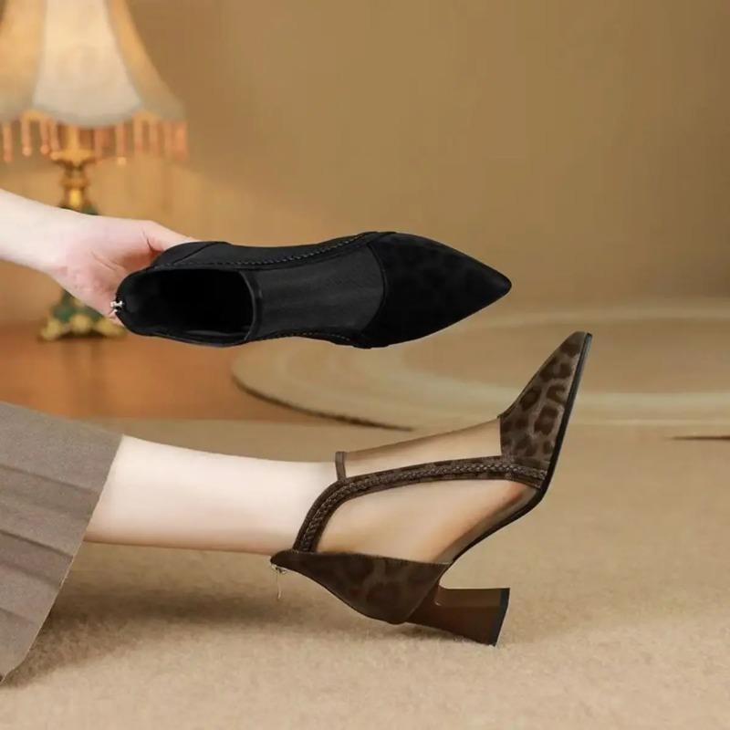 Fashion 2025Women's Fashion Pointy Splicing Mesh Fabric Back Zipper Soft Sole Anti-slip Wear-resistant Short High Heel Boots