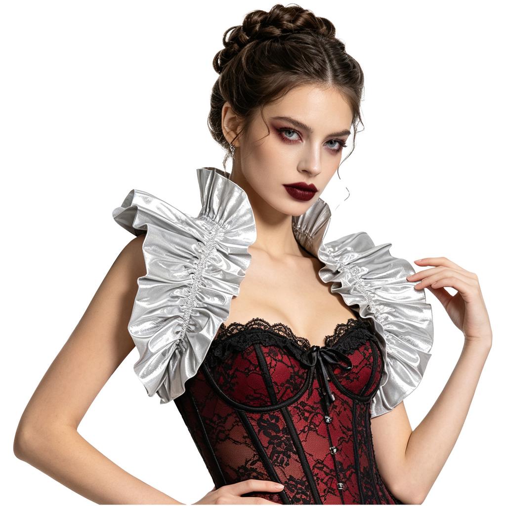 Women Halloween Gothic Costume Shrug Metallic Ruffle Renaissance Style Bolero High Neck Frill Shawl for Theme Party