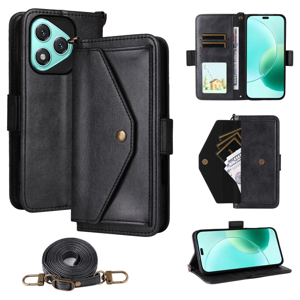 For Honor 400 Lite 5G Leather Case Magnetic Closure Wallet Stand Phone Cover with Crossbody Strap