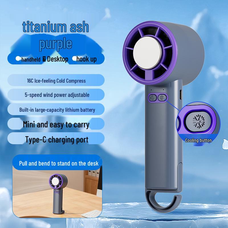 3-in-1 Handheld Cooling Fan: Cold Compress, 5-Speed, Desktop/Hook Use