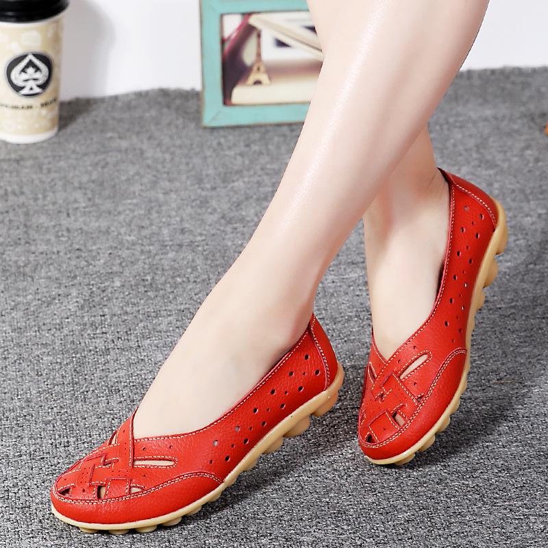 Women's Hollow Out PU Leather Shoes Breathable Shallow Mouth Loafers Casual Slip On Comfortable Walking Shoes