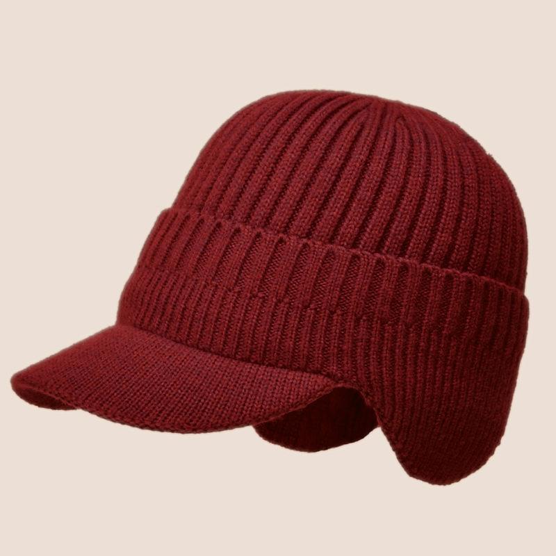 Men's Simple Fashion Autumn and Winter Solid Knitted Wool Hat Thicken Warm Outdoor Earflap Hat with Brim