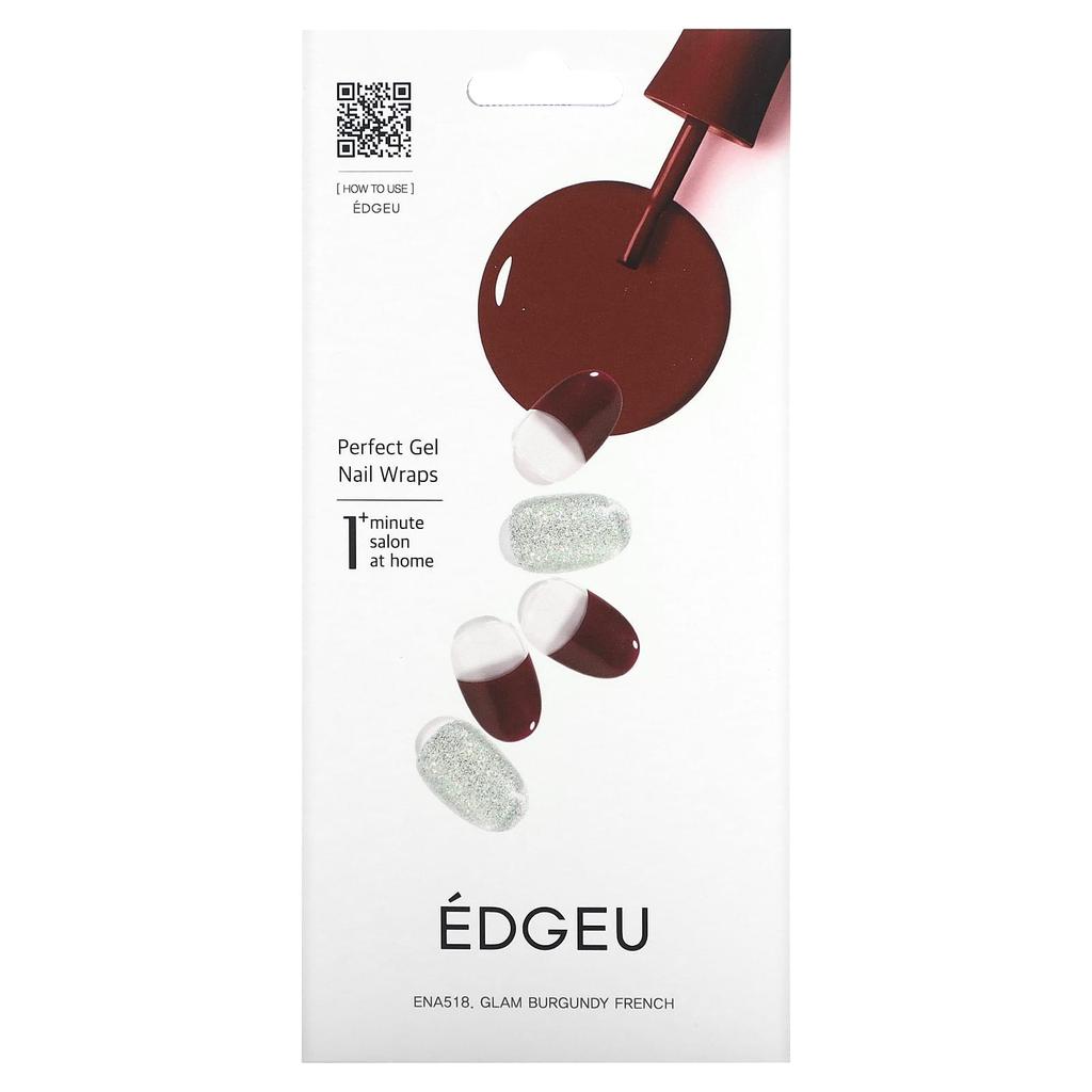 Perfect Gel Nail Wrap, Ena 518 Glam Burgundy French, 19 Piece Set