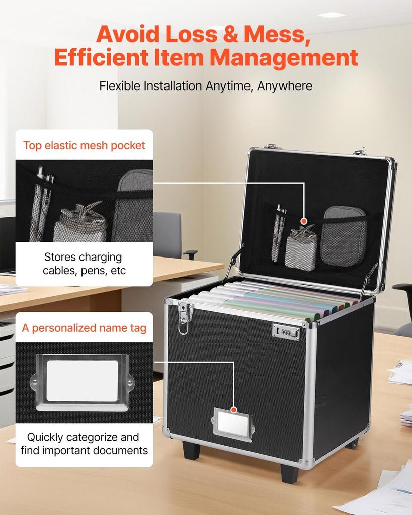 Portable File Storage Box, 395 x 320 x 380 mm Internal Chest Size, Locking Mobile Business Case with Telescopic Handle, Hand pull File Case for Office