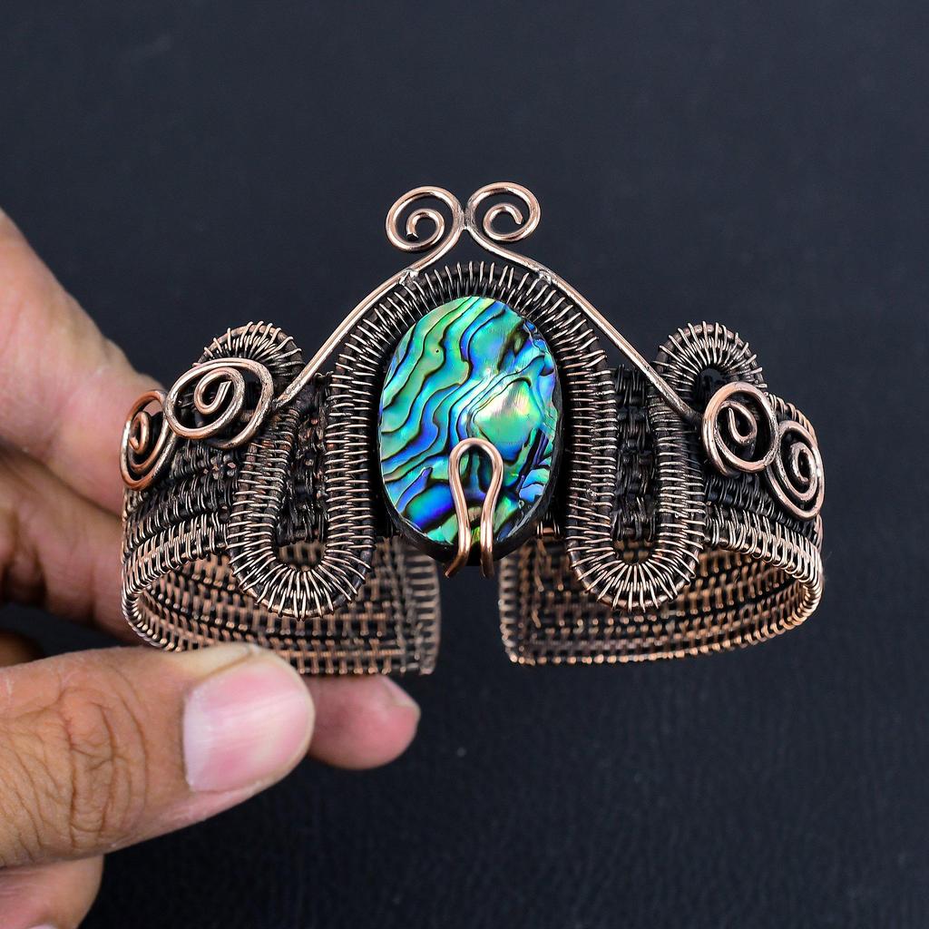 Abalone Shell Bangle 999 Copper Wire Wrapped Jewelry, Handmade Gemstone Bangle Jewelry, For Wedding Gift