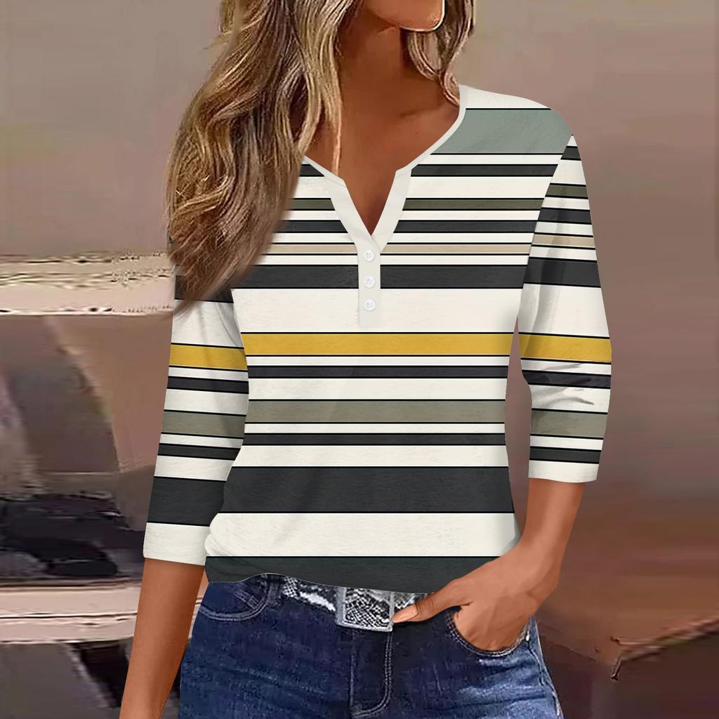Women's Fashion Casual Striped Print V-Neck Decorative Button Three-quarter Sleeve T-Shirt Top