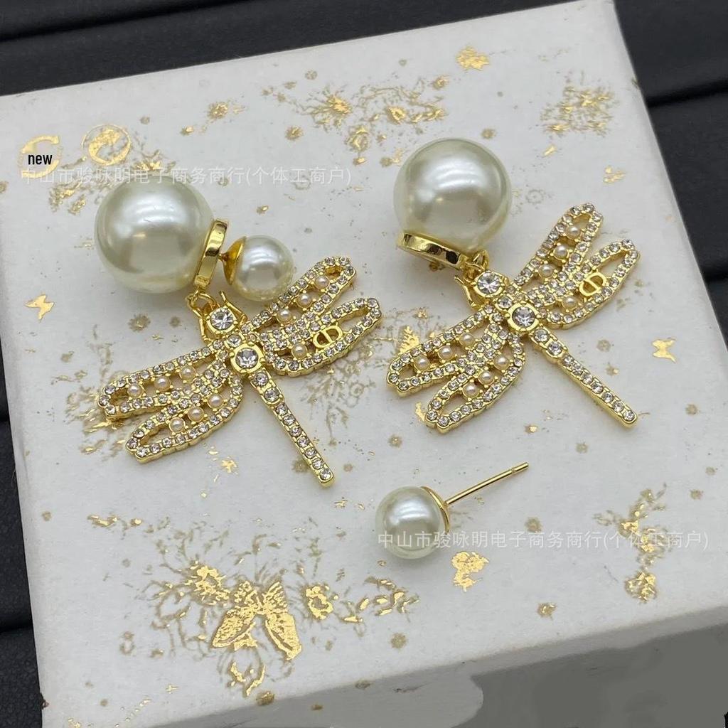 Элегантные серьги-гвоздики в виде стрекоз с жемчугом и бриллиантами для женщин