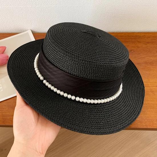Women Sun Hat Breathable Wide Brim Flat Top French Style Straw Woven Hat with Ribbon Faux Pearls Decoration Summer Outdoor Hat