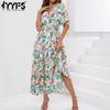 Женская мода лето весна цветочный узор принт с коротким рукавом V-образным вырезом с высокой талией повседневные платья