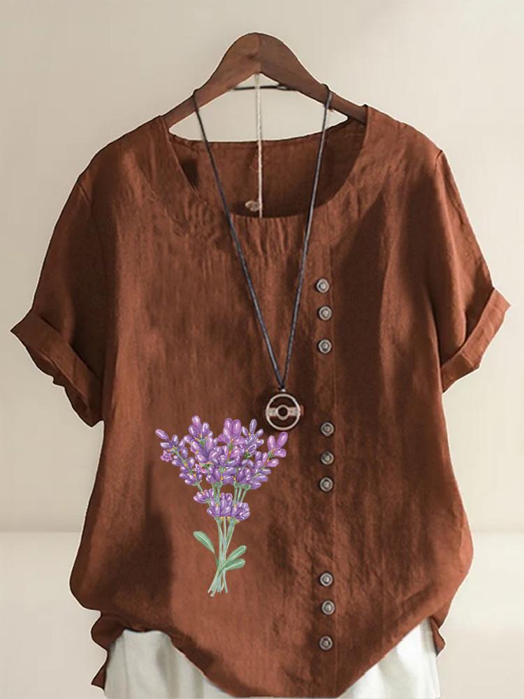 Women's Fashion Purple Bouquet Printing Shot Sleeve T-shirt Loose Cotton Shirt Casual Loose Summer Blouse Tops Plus Size