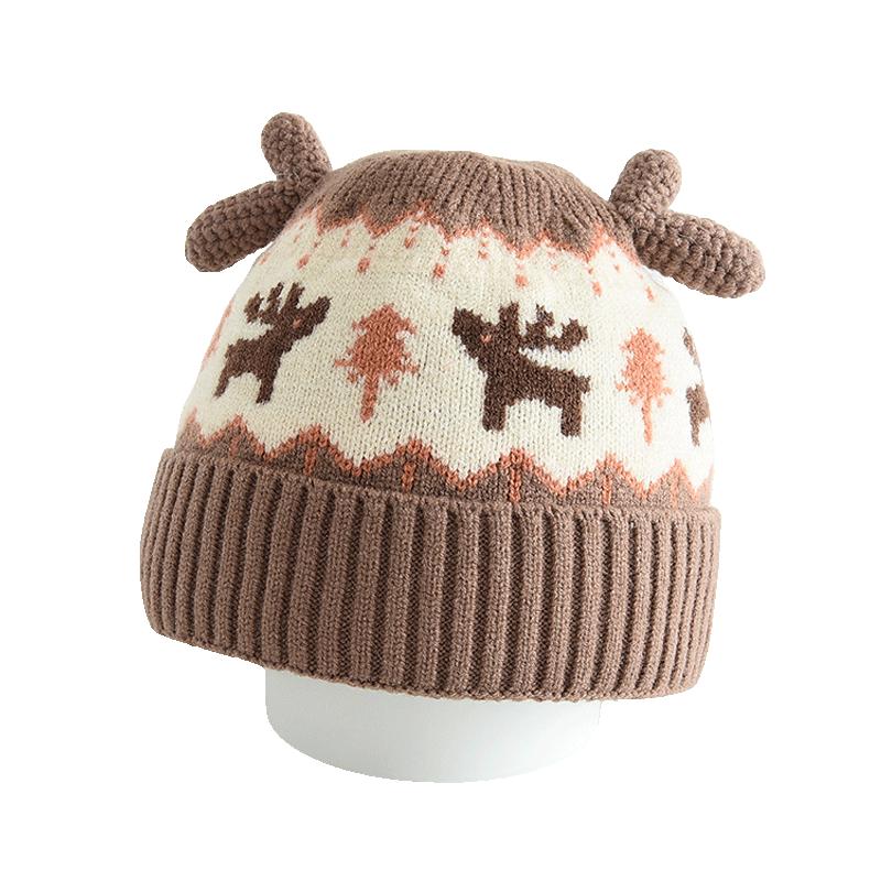 Children's winter thick double-layer knitted hat outdoor warm wool ball flat mouth needle and thread hat cute three-dimensional deer horn style