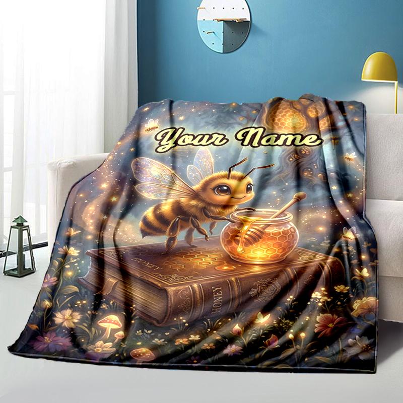 1PC Custom Name Bee Book Honeycomb flannel blanket versatile,all-season throw suitable for the living room,bedroom,camping,travel,and gift