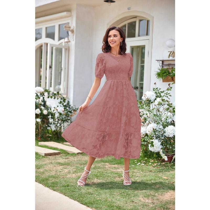 Летнее женское платье с круглым вырезом, плиссированные многослойные платья с цветочным принтом и рукавами-пузырьками