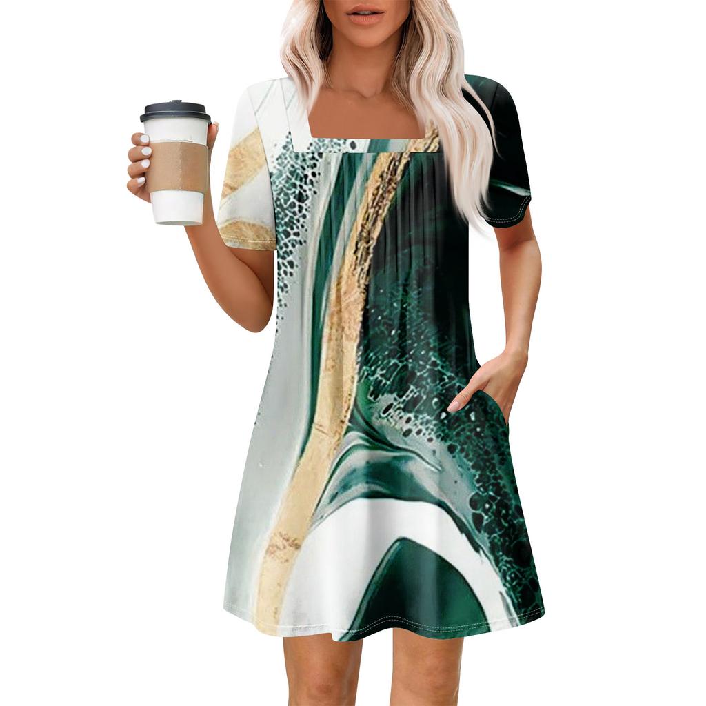Женские летние повседневные платья с квадратным вырезом, плиссировкой спереди и карманом, с короткими рукавами и принтом