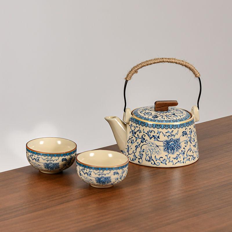 Chinese Ru Kiln Blue and White Teapot Home Vintage Handmade Ceramic Handle Pot Kung Fu Tea Set Tea Infuser