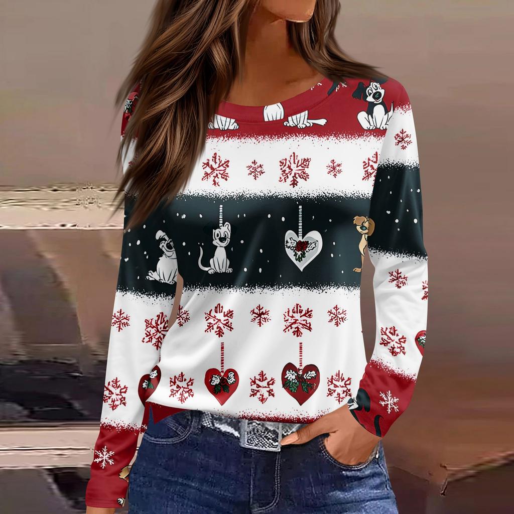 Женская модная повседневная футболка с разрезом по низу, круглым вырезом, длинными рукавами, свободного кроя, с рождественским принтом, женский топ