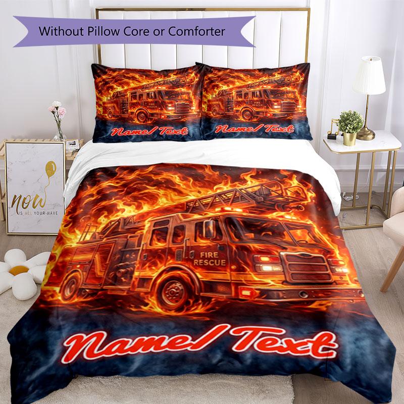 3PC Custom Name Fire Truck Flames Art Bedding Set Duvet Cover Closure Includes 1 Duvet Cover & 2 Pillowcases for Bedroom