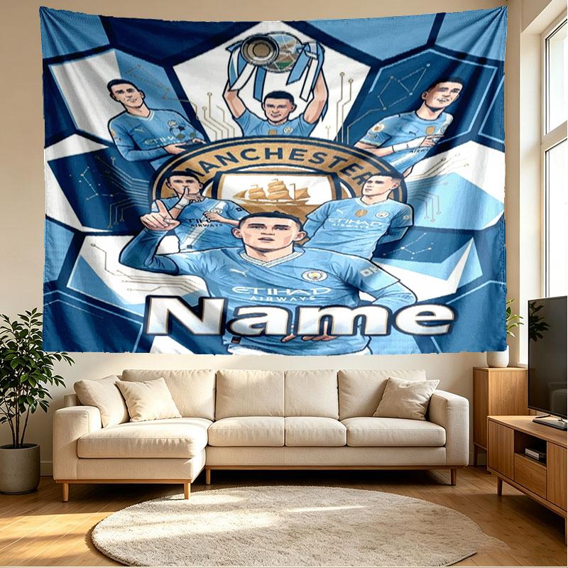 Custom Name Personalized Manchester City Print Tapestry, Wall Art Decor, Bedroom, Dorm, Apartment, LivingRoom, Party Backdrop, Gift for Birthday
