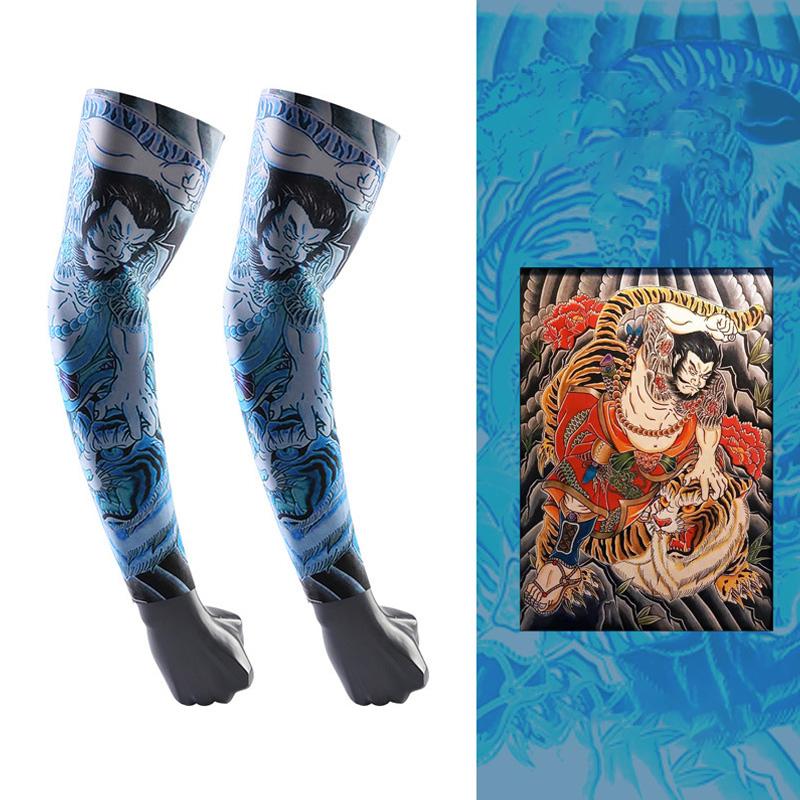 Мужские охлаждающие рукава для езды на велосипеде с защитой от ультрафиолета, нарукавники с принтом и татуировкой, для велоспорта, с ледяным шелком, лето