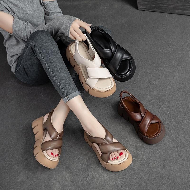 Johnature Summer 2023 New Retro Thick Soled Breathable Romand Sandals Genuine Leather Peep Toe Comfortable Women Platform Shoes