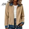 Loose Casual Apparel Women Corduroy Denim Zip-Up Jacket, Long Sleeve Coat, Lightweight Autumn Outerwear Fall Winter Jacket with Contrast Turndown