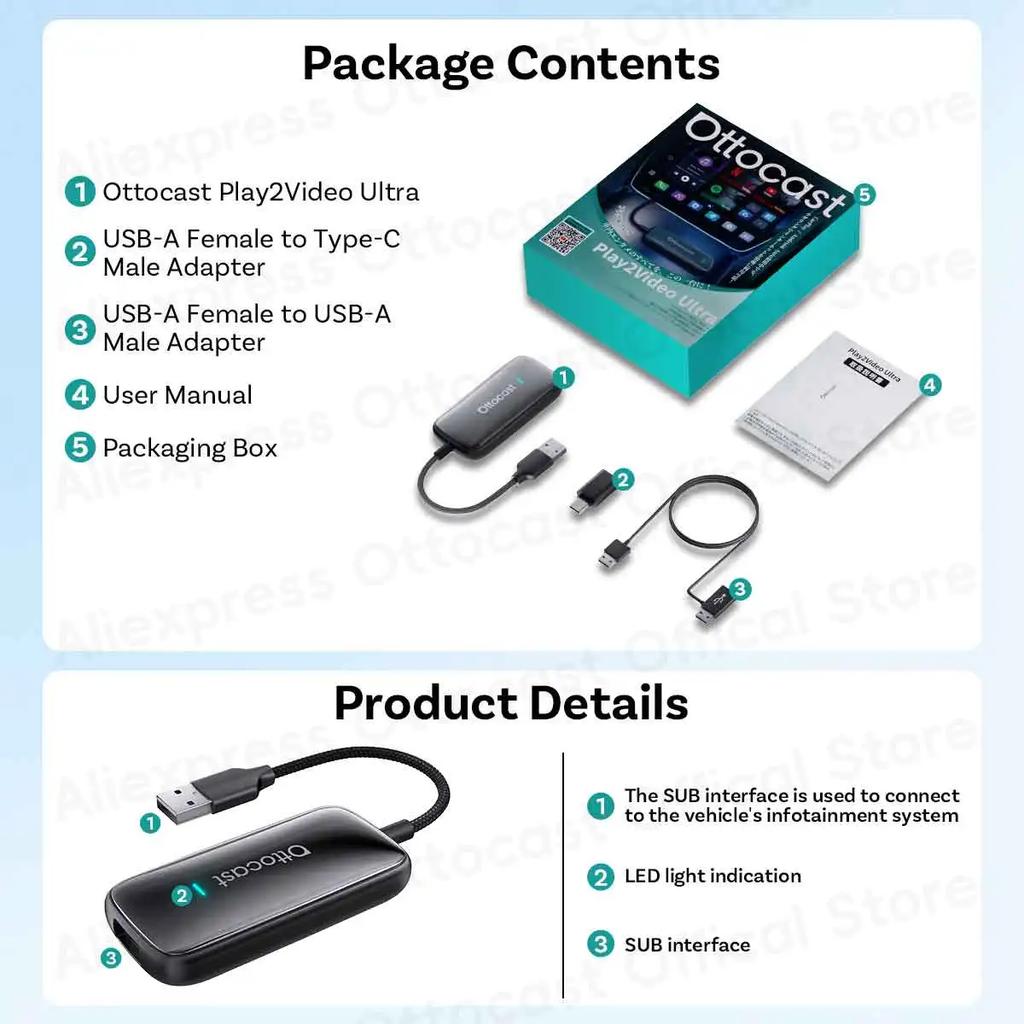lcvr9 OTTOCAST 2026 Play2Video Ultra Wireless CarPlay Android Auto Adapter for Netflix Youtuber Wifi for Chevrolet Ford VW Toyota Benz