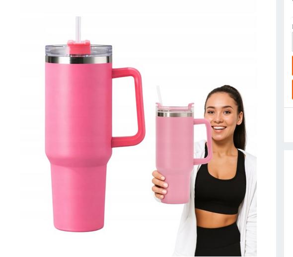 1200 ml thermal mug with handle and straw - pink large capacity