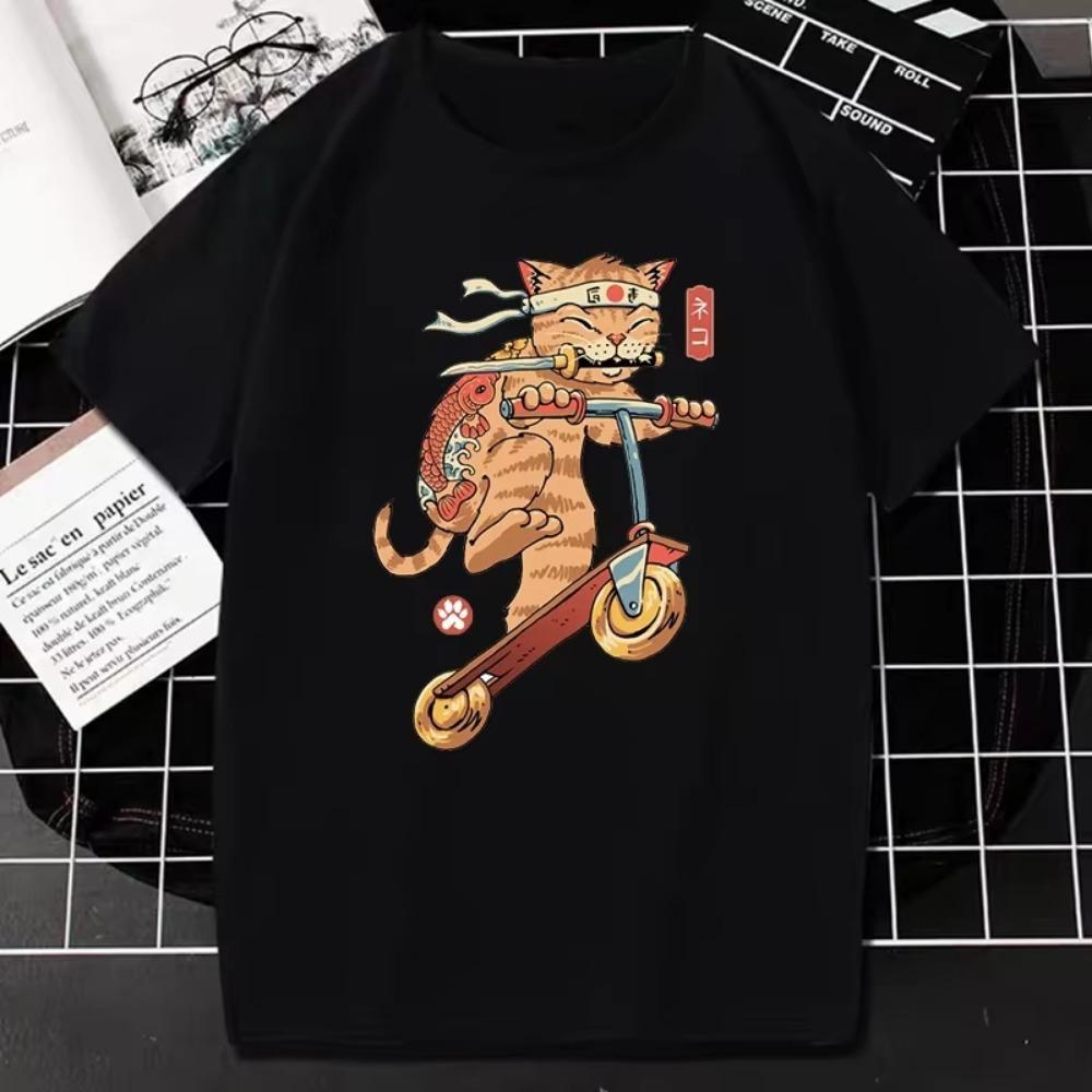 Catana T Shirts 90s Vintage Japan Aesthetics Tops Funny Cartoon Cat Print Tee Women Men Fashion Short-sleev Tees Shirt