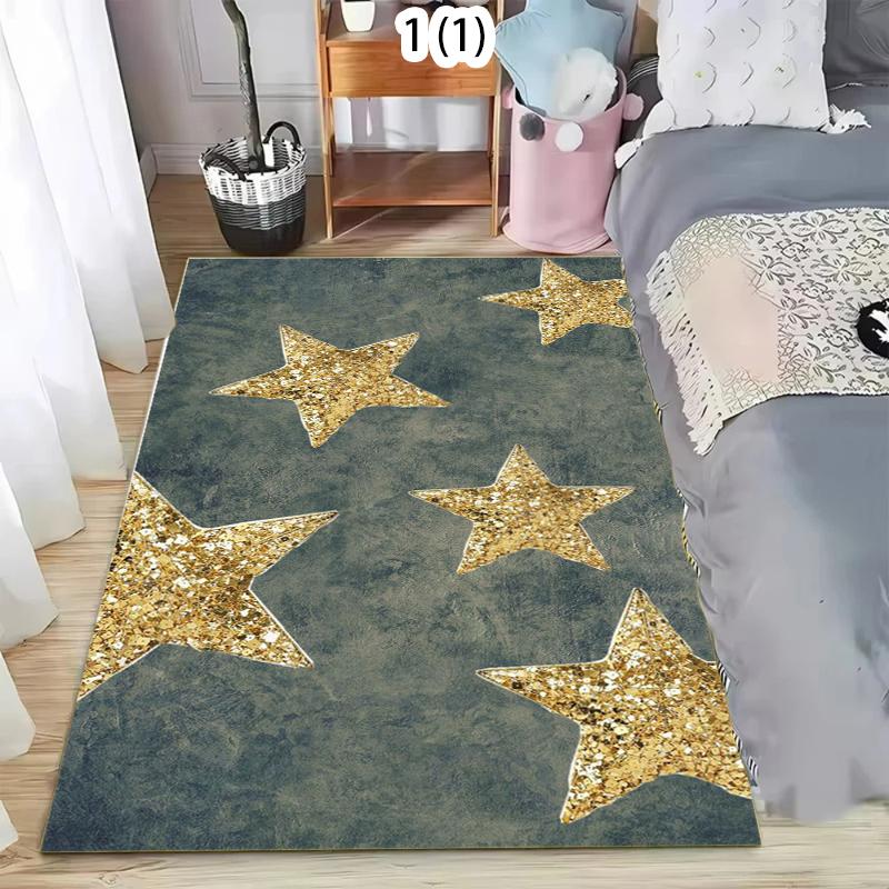 Luxury Gold Star Area Rug Glitter Star Pattern Non Slip Washable Carpet Floorma for Living Room Bedroom Kids Room Elegant Decor