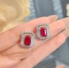 Autumn and Winter New Square Red Corundum Pendant Jewelry Set Retro High-end High-carbon Diamond Stud Earrings Necklace Women