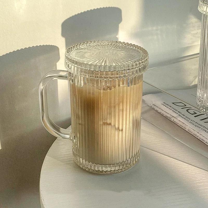375 мл полосатая стеклянная кружка с крышкой и соломинкой в японском стиле шикарные кружки для молока кофе посуда для напитков чай подарки на день рождения виски стаканы