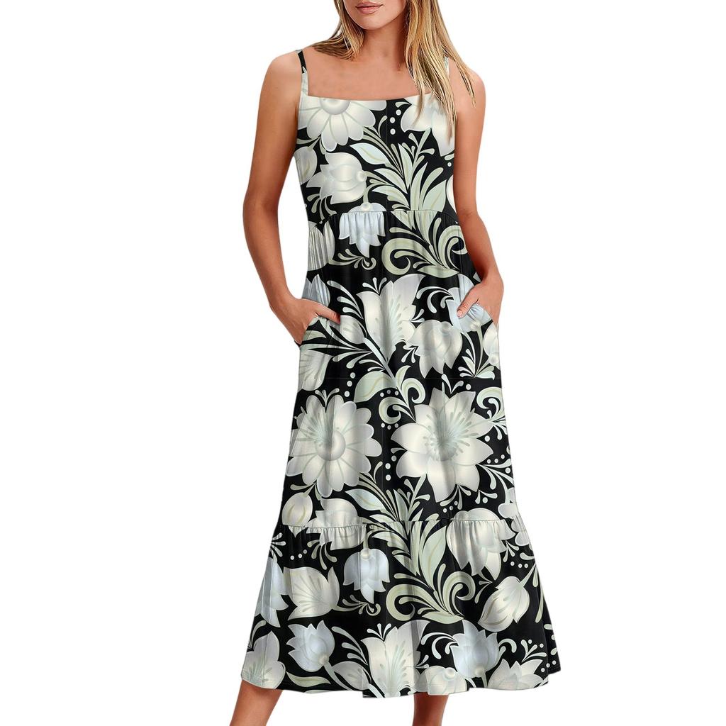 Women's Long Beach Casual Elegant Spaghetti Strap Maxi Dress Stitching Low-key Flowing Bohemian Dress
