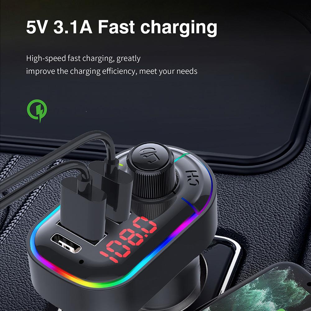 Автомобильный Bluetooth 5.0 FM-передатчик 7-цветный атмосферный светильник Автомобильный комплект MP3-модулятор Беспроводной аудиоприемник громкой связи