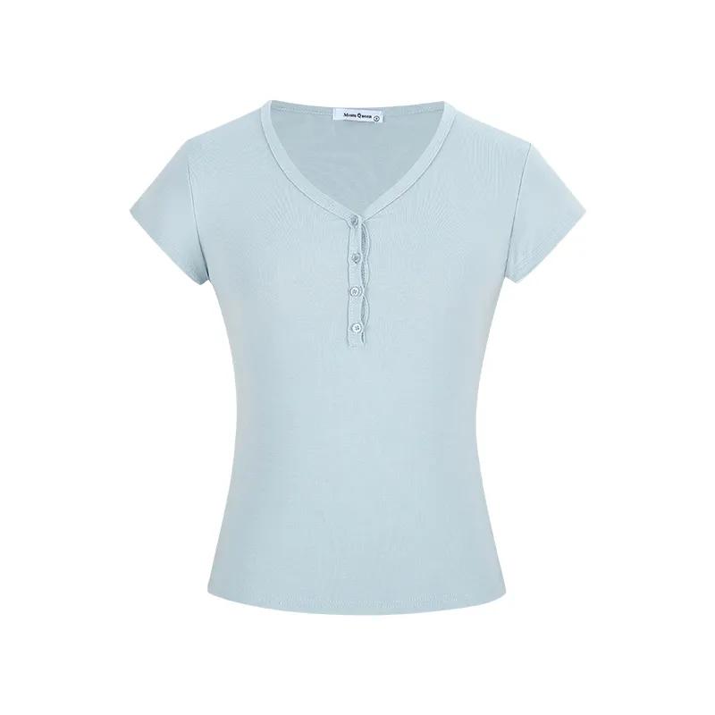 Женская футболка-henley с V-образным вырезом, в рубчик, с коротким рукавом, облегающего кроя, однотонная, повседневная, для ежедневного ношения