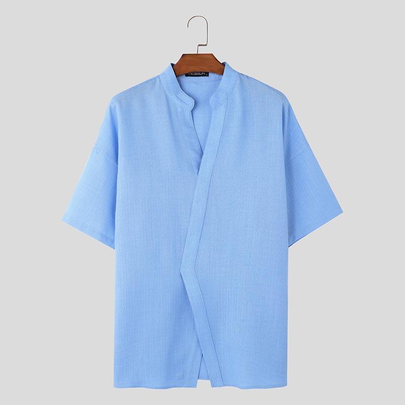 INCERUN Мужская летняя футболка с V-образным вырезом и коротким рукавом спереди, повседневная полупрозрачная футболка 