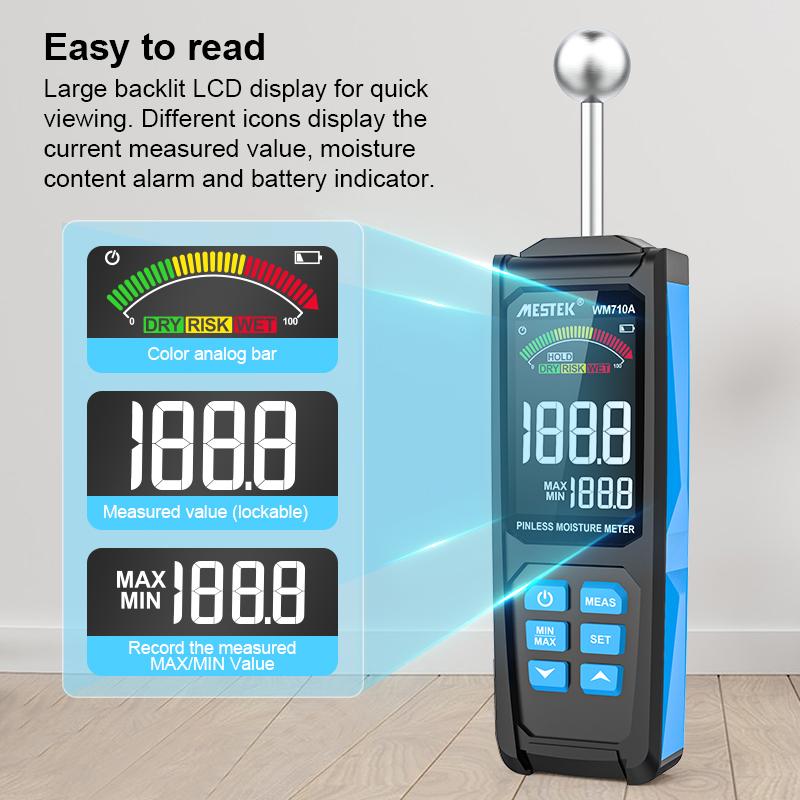 WM710A Безконтактный влагомер Неразрушающий гигрометр Цифровой детектор влажности древесины и пиломатериалов Тестер влажности для обоев, пола