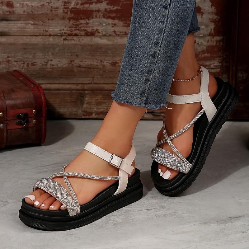 Новые однотонные женские сандалии со стразами, хит продаж, летние женские сандалии до середины икры с ремешком для девочек, новые модные женские пляжные сандалии среднего размера