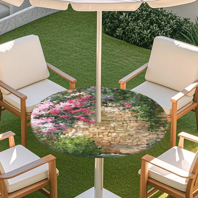 Outdoor Round Table Cover With Floral Print Oil Painting Style Waterproof Elastic Edge Patio Garden