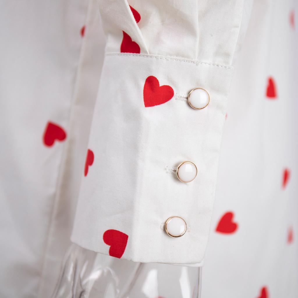 Spring and Autumn Women's Cotton Shirt Love Printed Shirt Doll Collar Lantern Sleeve Shirt