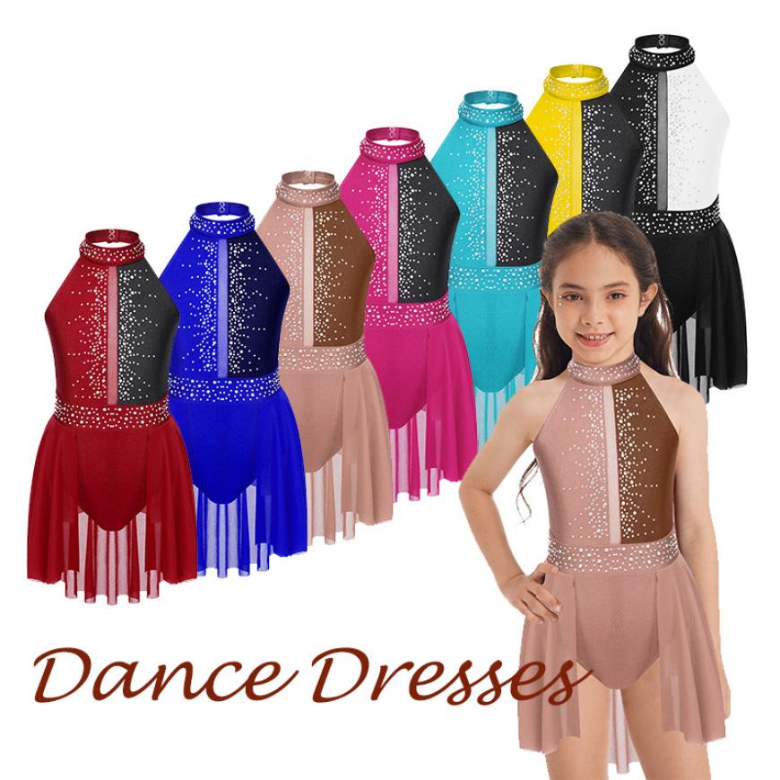 Girls Lyrical Dress Shiny Rhinestone Decor Sleeveless Irregular Hem Dance Leotard Dress Kids Dancewear