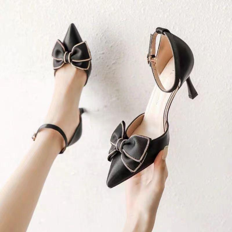 Celebrity Temperament High Heels Stiletto Sweet Bow Bag Head Sandals Women's 2025 New Pointed Bridesmaid Shoes Summer