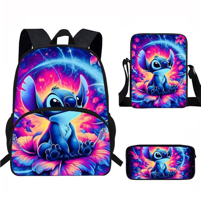 Stitch Kids School Backpack Set Elementary Students Oxford Fabric Ergonomic Design Printed Cartoon 3-Piece Bundle