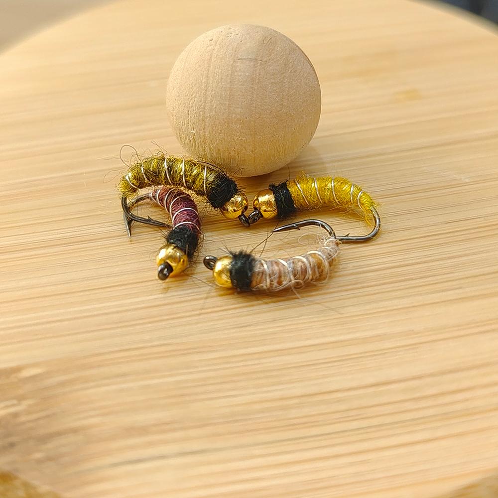 6/8 шт. 2 размеров Нимфа личинки ручейника с головкой из бусинки Реалистичный жук-бокоплав Червь для ловли форели и хариуса (Крючок с бородкой, Быстро тонущий)