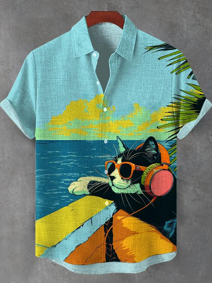Men's Retro Cartoon Anime Cat Theme Short Sleeve Shirt Short Sleeve Tops Fashion Casual Vacation Streetwear Summer Men's Shirts